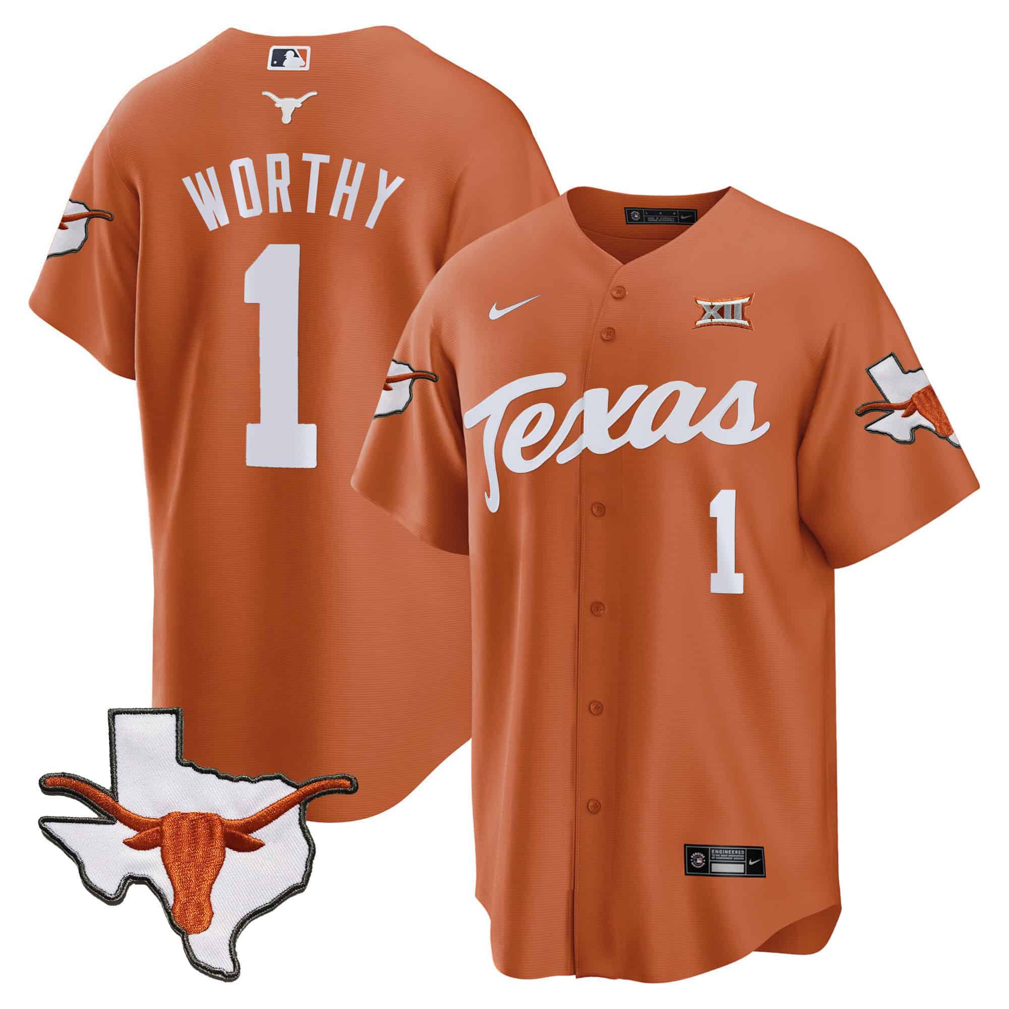 Men Texas Longhorns #1 Worthy Orange 2024 Baseball NCAA Jersey style 1->indianapolis colts->NFL Jersey